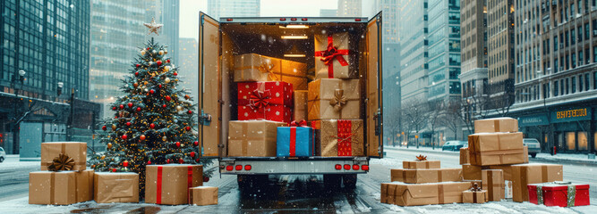 Delivery truck bringing christmas presents in a snowy city