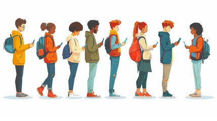 Obraz premium Men and women using smartphones vector illustrations set. Male and female characters holding electronic devices pack. Young students relaxing, spending time online, corporate workers standing