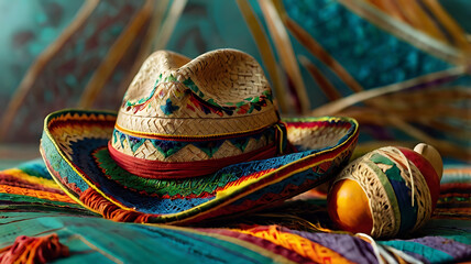 This vibrant and colorful image features a traditional Mexican sombrero hat placed on a multicolored striped blanket .