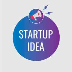 startup idea button, banner, label, template for website. startup idea text with colorful megaphone icon
