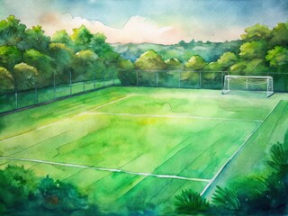 Vibrant green outdoor soccer court with freshly lined fields and goals, awaiting a young athlete's arrival, empty but full of soccer-playing potential.