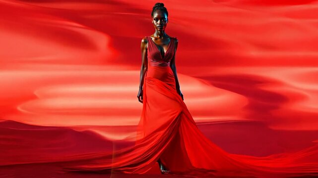 Beautiful dark-skinned model walks the red carpet in a red dress