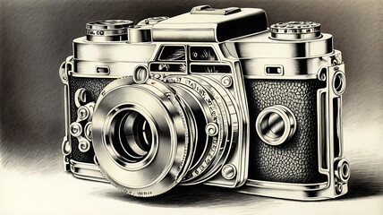 Detailed black and white illustration of a vintage camera. The camera features a textured body with metallic accents.