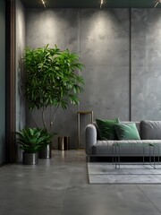 Loft-style living room interior, grey office interior with green plants. 3d rendering. The waiting area for a photo of an office space.