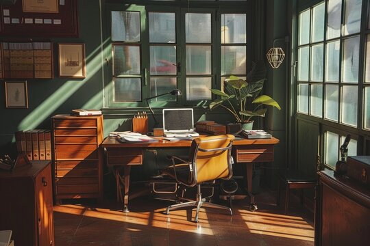 Sunlight streaming through window onto a desk in a vintage home office