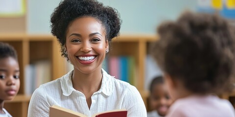 A woman reads a book to a group of children, promoting literacy and learning