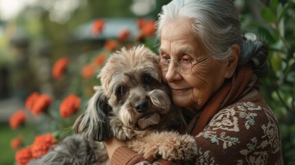 An elderly woman lovingly embraces her fluffy dog in a vibrant garden, showcasing the bond between pets and their owners.