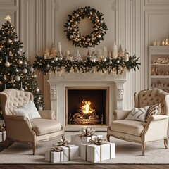 Fototapeta premium Luxurious living room with two elegant armchairs, a beautifully decorated Christmas tree, and a cozy fireplace with wrapped presents and festive holiday decor
