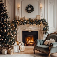 Fototapeta premium Luxurious living room with a beautifully decorated Christmas tree, cozy fireplace, and wrapped gifts, featuring elegant holiday decor and a festive ambiance