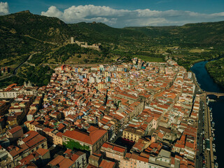 Aerial view of Bosa, a small colourful town near Oristano, Sardinia island, Italy