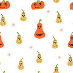 Seamless pattern design with Halloween theme, background with elements cat, skull, ghost, potion, bat, moon, crescent, pumpkins, stars, eyes and candy