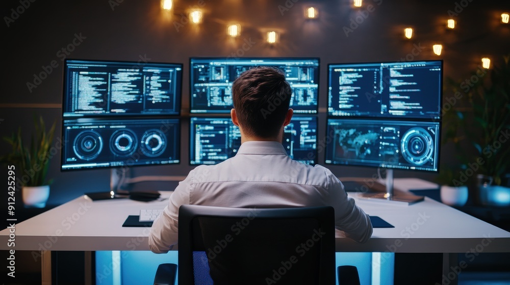 Aufkleber a man in a suit is sitting in front of multi computer monitors