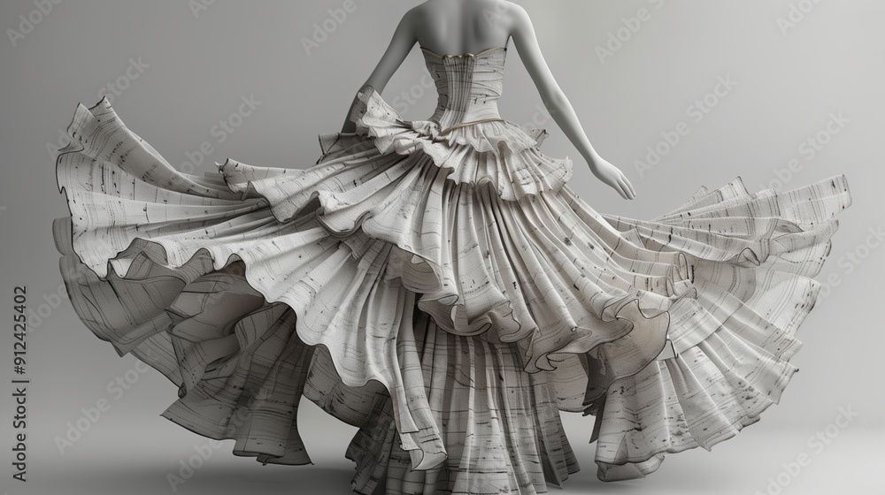 Poster elegant model twirling in intricately designed dress surrounded by soft light in a studio setting