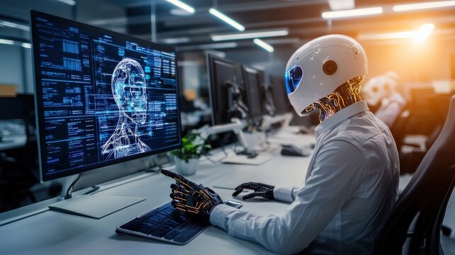 A man is sitting at a desk with a computer monitor in front of him