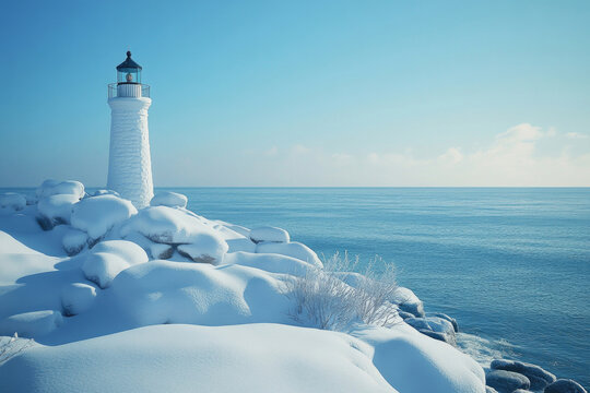 A lighthouse covered in snow by the winter sea.