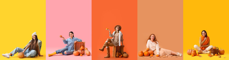 Set of fashionable young women in autumn clothes and with pumpkins on color background