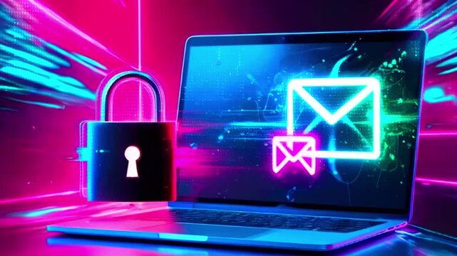 Laptop with glowing neon padlock and email icon.