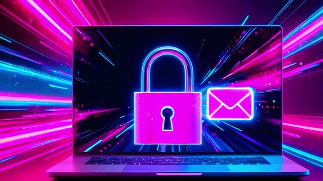 Neon glowing padlock and email icon on laptop screen with abstract lines.