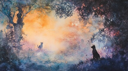 Ethereal watercolor scene with a cat and dog in a mystical meadow