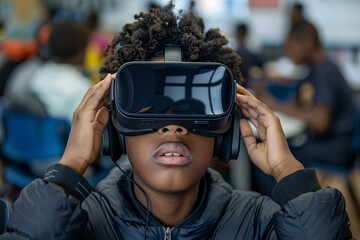 A young boy using a virtual reality VR headset in the classroom