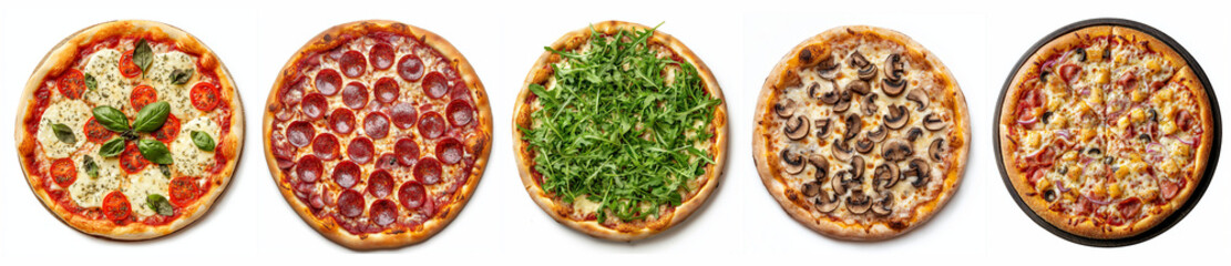 Pizza collection, margharita, pepperoni, arugula, funghi and hawaii, isolated on a transparent...