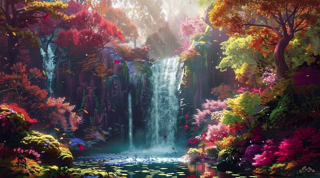Enchanting fantasy waterfall cascading amidst a vibrant landscape of colorful autumn leaves, creating a magical and serene scene wit Seamless looping 4k time-lapse virtual video animation Generated AI
