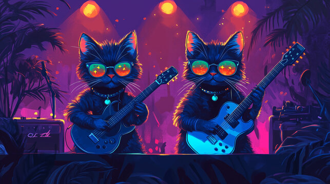 Dos gatos de dibujos animados son guitarristas en el escenario