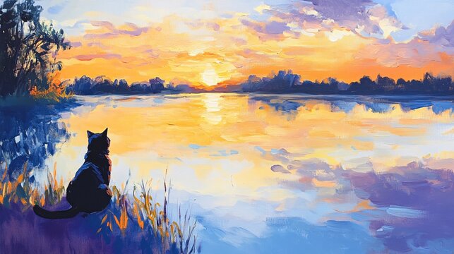 Impressionist painting of a cat and dog by a serene lake at sunset
