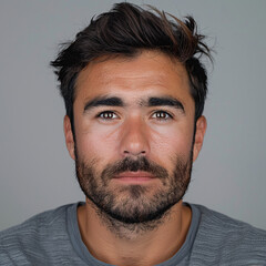 Obraz premium Headshot passport photo of a middle-aged Caucasian man in front of a gray background