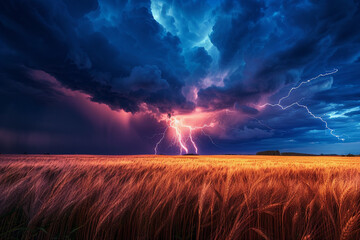 Dramatic Lightning Strikes Over Golden Wheat Field Under Dark Stormy Sky