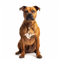 Brown and white Staffordshire Bull Terrier dog sitting on a white background.