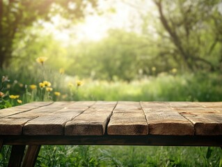 Fototapeta premium A simple wooden table sits in the middle of an open field, surrounded by nature