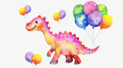 Obraz premium Adorable watercolor dinosaur soaring with colorful balloons, perfect for baby showers or cheerful postcards