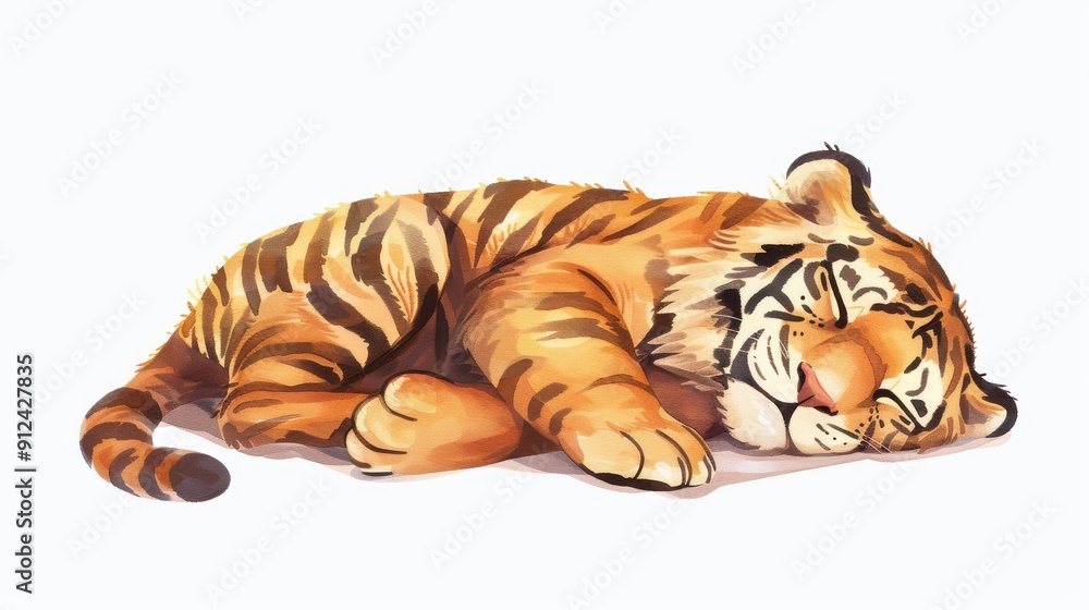 Poster Adorable digital painting of a sleeping cartoon tiger, perfect for animal lovers seeking cute and whimsical art.