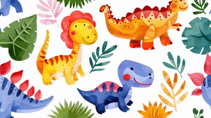 A playful seamless pattern featuring cute dinosaurs, perfect for kids decor, apparel, and fun projects.
