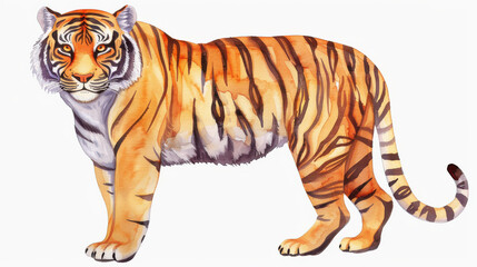 Obraz premium Adorable cartoon tiger in soft digital watercolor style, featuring vibrant colors, perfect for kids room decor or playful designs.