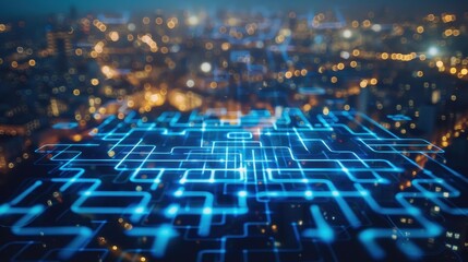 A stunning blue maze illuminates the urban landscape, merging technology with creativity in a dazzling display of innovation.