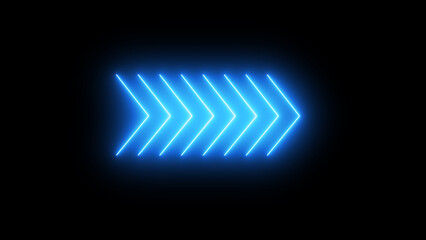 Right directional arrow sign. Set of bright arrows pointing to the right. Flashing direction indicators. render of glowing neon arrows on a black background