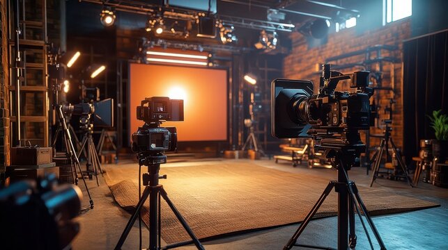 Professional film studio setup with multiple cameras and lighting equipment, ready for production. Ambient light fills the studio.