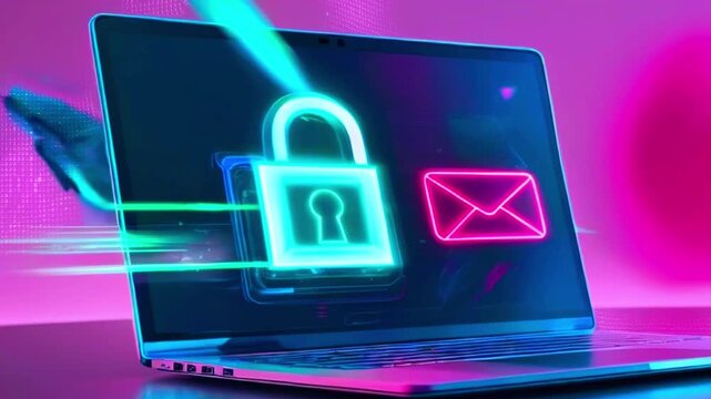 Secure laptop with neon padlock and envelope icon.