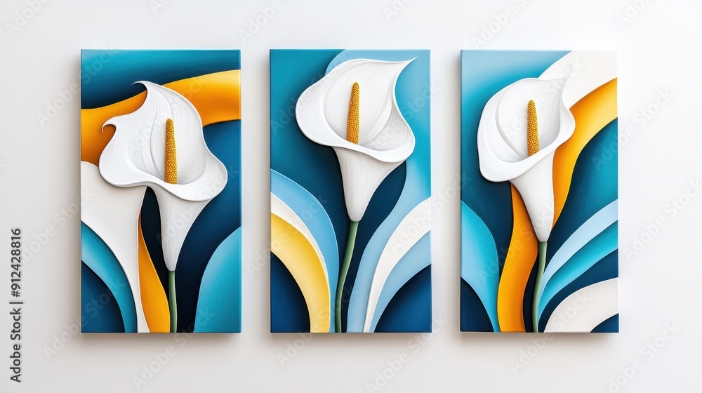 Wall mural Discover stunning white calla lily art in blue and gold, framed beautifully for a modern, chic touch in any space.