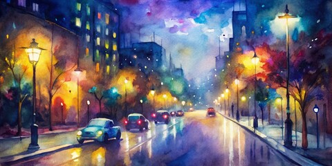 Vibrant city street at night with blurred bokeh lights from cars and street lamps creating a colorful and dynamic urban atmosphere.