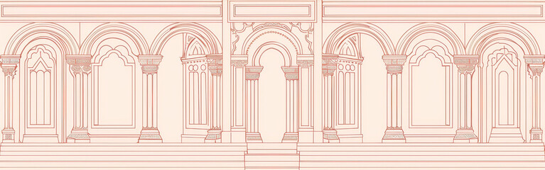 Fototapeta premium Elegant Architectural Arched Columns and Windows Background - This image depicts a series of arches, columns, and windows, symbolizing architecture, elegance, history, grandeur, and design.