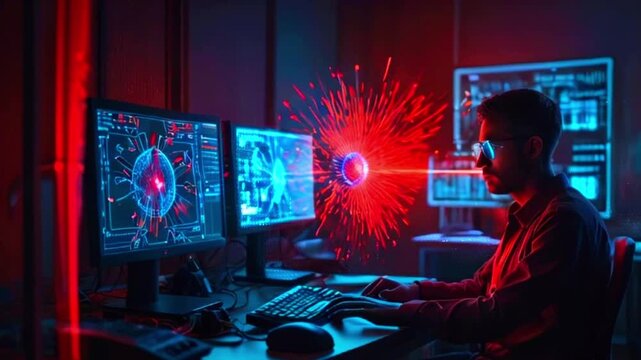 Man in dark room working on a computer with digital virus on screen.