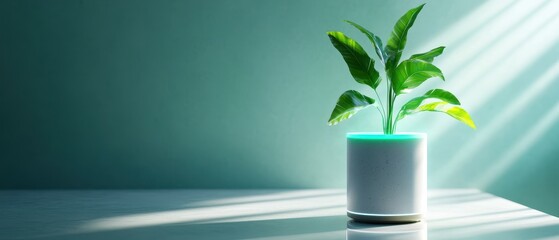 Modern Minimalist Plant in White Pot with Sunlight on Green Background