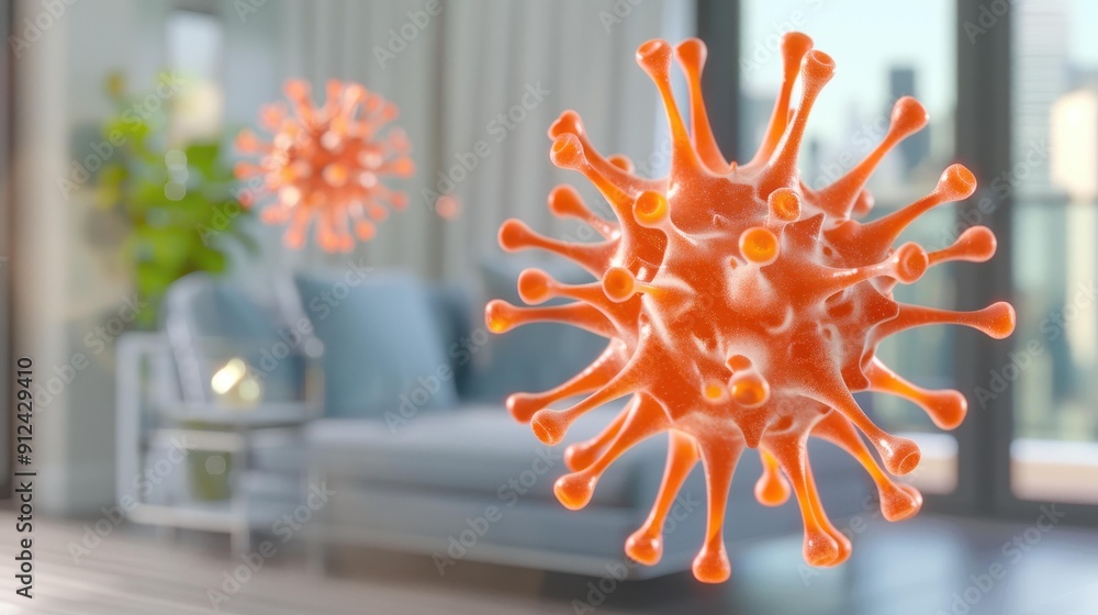 Canvas Prints A vibrant orange virus floats in a stylish living room, showcasing its spiky surface against a modern backdrop with a large window.