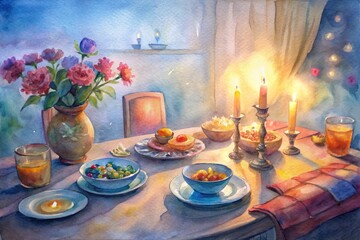 Cozy dinner table setting with steaming hot Indian dishes, candles, and flowers, evoking warmth and togetherness of a happy family evening at home.