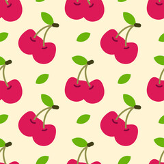 Seamless red cherry pattern on yellow  background.  For baby food packaging, banner, wrapping, card, clothes, greeting card, invitation