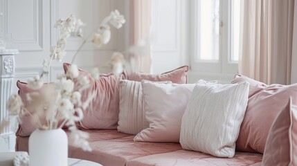 Cozy Living Room Interior Design with Pink Sofa and Pillows
