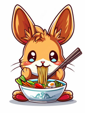 cute orange bunny eating ramen clip art preview